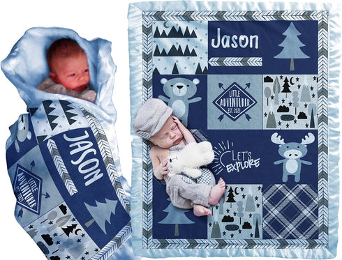 Baby Blankets with Name and Year (Blue, 30x40) Woodland Animals Bear Adventure for Newborn Baby Room Nursery Christening