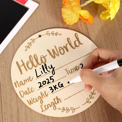KINYFY 5.9 Inch Baby Birth Announcement Sign, Round Hello World Newborn Signs with Marker Pen and Ink Pad, Wooden