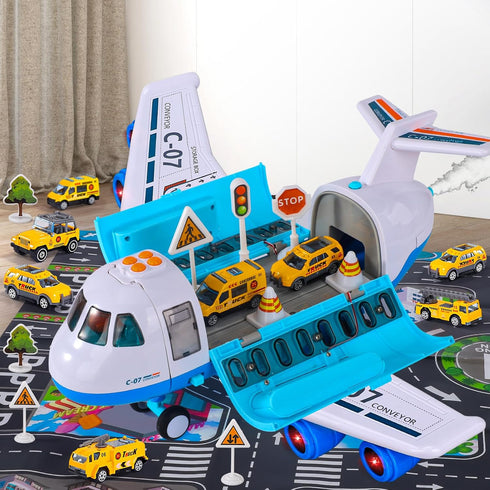 iHaHa Spray Airplane Toys for Boys and Girls, Large Cargo Airplane with 6 Construction Vehicles and Play Mat