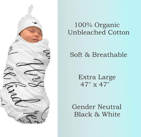 Under His Wings 91) 100% Muslin Swaddle & Bonus Baby Hat with Scripture Quote (Psalm - Organic Unbleached Cotton
