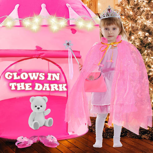 WTOR Princess Castle Play Tent Dress Up with LED Glow Stars, 15Pcs Cape & Crown for Girls, Indoor & Outdoor Use (Pink)
