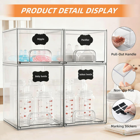 4 Pack Countertop Baby Bottle Organizer, Bottle Storage Organizer Baby with Labels, Clear Stackable Storage Drawers