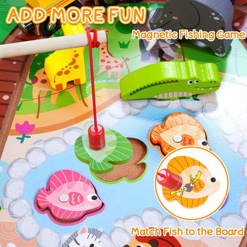 Wooden Take Along Train Set with Magnetic Fishing Game, 25 Pcs Animal Stacking Toy for Toddlers 1-3