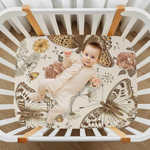 Cozy 27 39 inch Kigai Vintage Butterfly Flower Crib Sheet for Boys and Girls Jersey Knit Fitted Baby Sheets