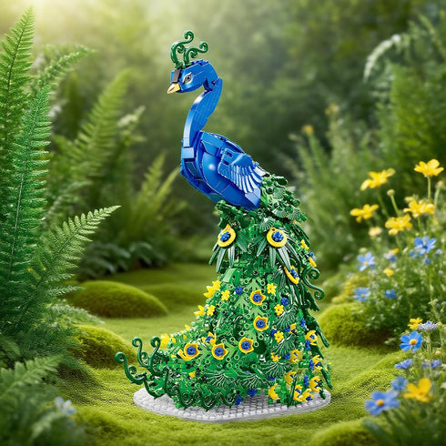 USVillGO Set, Teen(807PCS) Flowers Peacock Building Block Fly Animal Art Bird Peacock on Botanicals Green Vivid Feather