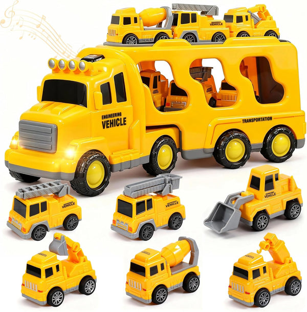 Construction Toy Trucks with 6 Construction Vehicles, Sound Light Transport Carrier Truck