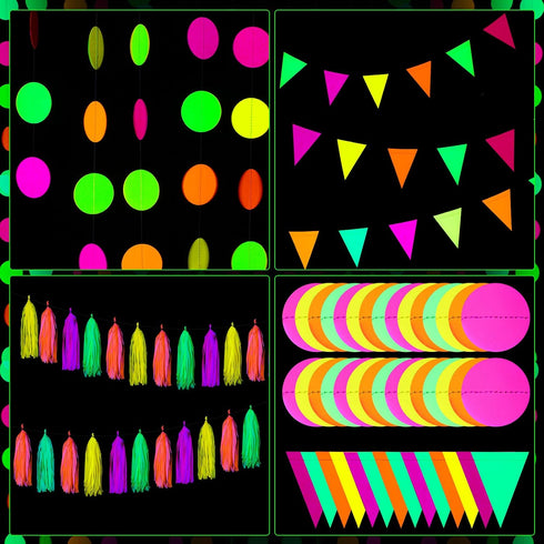 88 Pcs Glow Neon Party Supplies, Including Neon Paper Garland, Paper Tassels Garland, Triangle Flags for Birthday