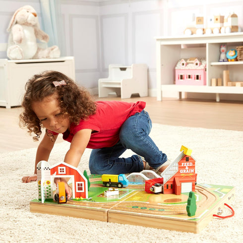 17-Piece 4 1+ Melissa & Doug Wooden Take-Along Tabletop Farm, Farm Vehicles, Play Pieces, Barn, Grain House Take-Along