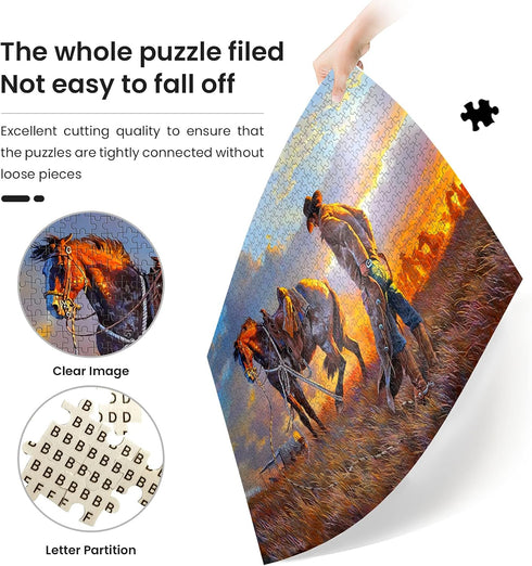 najiaxiaowu Wooden 1000 Pieces Jigsaw Puzzles for Adults, Western Cowboy Rider Prairie Wind Flower Puzzle