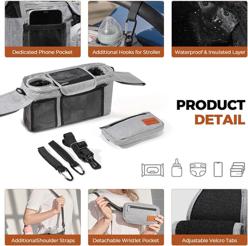 WUUTER Stroller Organizer with Cup Holder Detachable Wristlet Large Capacity Baby Stroller Bag for Mom, Fits Uppababy