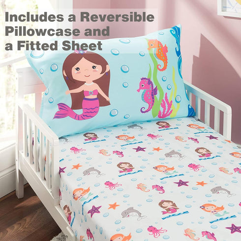 EVERYDAY KIDS Toddler Sheet Set - Fitted Sheet and Pillowcase - Undersea Mermaids Adventure - Soft Microfiber