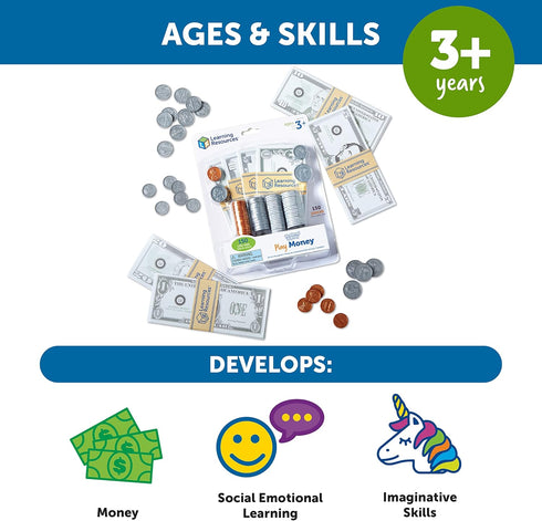 Set Learning Resources Pretend Play Money - Math Manipulatives For Kids, Kids Bank, Plastic Coins, Cash Register