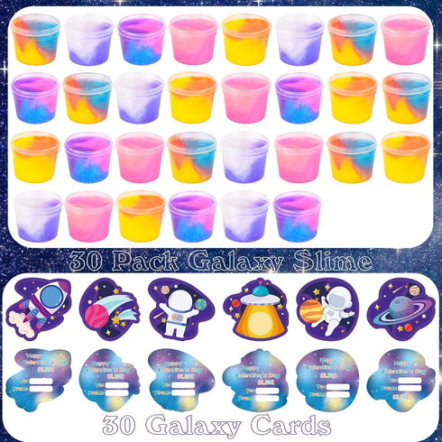 30 Pack tuupowana Valentines Day Gift Cards with Galaxy Slime Stress Relief Fidget Toy for Kids Party Favor, Classroom