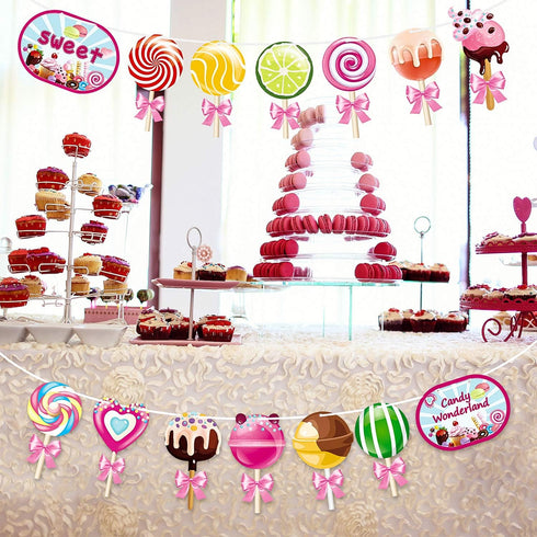 Blulu 2 Pcs Candy Party Decorations, Candy Paper Banner Lollipop Garland for Birthday Baby Shower