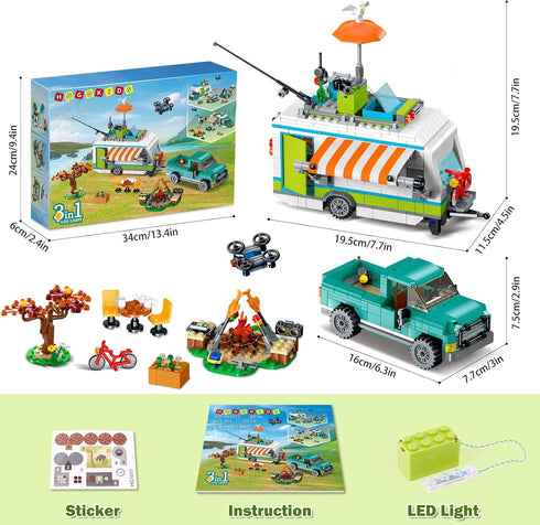 Set 3-IN-1 879PCS 6-12 HOGOKIDS City Camper Van Building with LED Light - Holiday RV Camping Building Toy for Kids