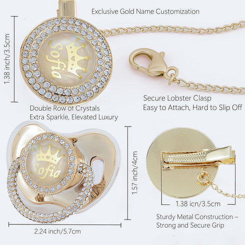 Set 14k Personalized Name Anniversary All Bling Pacifier and Clip Gold Plated New Born Gift Photography No for Daily