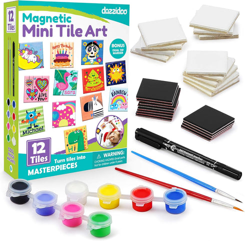 Magnetic Mini Tile Art DIY Craft Kit, Design and Paint Magnet Tiles, Includes 12 Tile Magnets, 8 Paint Colors