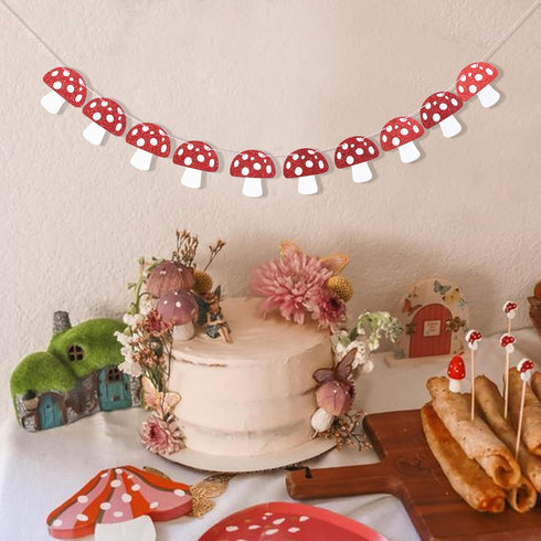 Agkvw Mushroom Garland - Red Glitter Mushroom Banner, Woodland Party Decor, Mushroom Theme Birthday Decorations, Fairy