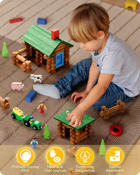 Set 122 3+ SainSmart Jr. Wooden Log Cabin Farm Building House Toy for Toddlers, PCS Classic STEM Construction Kit