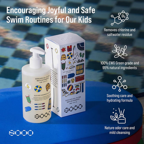 Swimming 2-in-1 Swimming, 10.1oz SOOO Kids Shampoo & Body Wash Tear-Free Gentle Pool Care for Baby & Kids, Removes