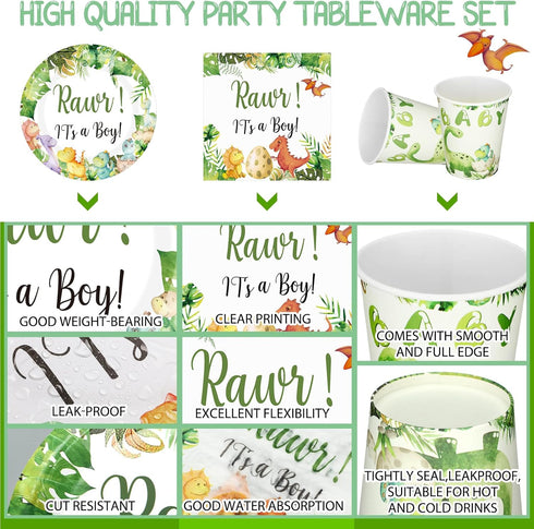 200 Pcs Dinosaur Baby Shower Party Supplies Set - Plates, Napkins, Cups for 50 Guests Girls Spring Decoration