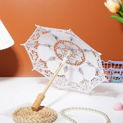Toyvian Mini Lace Parasol: Tiny White Umbrella for Bride Doll, Vintage Wedding Bridal Umbrella for Photo Props