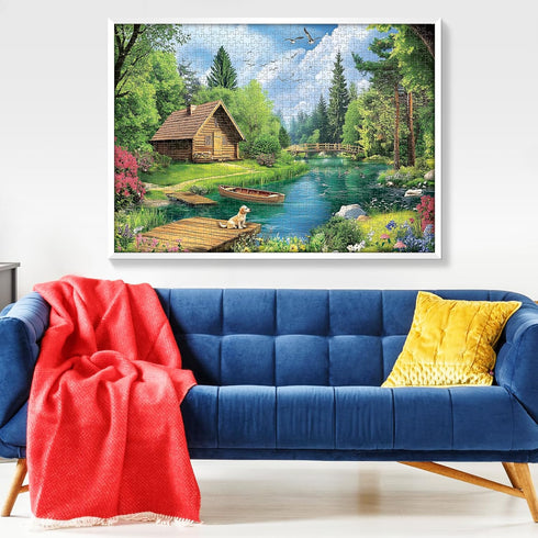VOLUVOLU 1000 Summer 1000 Piece Puzzles for Adults, Spring and Landscape Jigsaw Puzzle, Wooden House and Dog Jigsaw