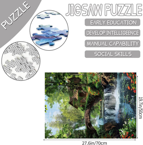Tropical Green Forest Puzzles 1000 Pieces for Adults, Families (Wooden House, Waterfall, Jungle) Frameable Art