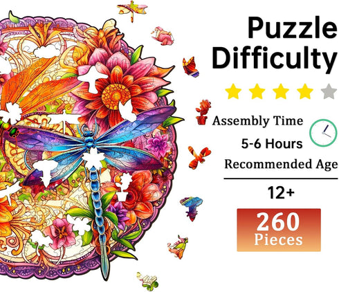 Dragonflies Family Wooden Jigsaw Puzzles for Adults, Unique Animal Shape Wood Puzzles, 260 pcs (L-13.6 * 13.1in)