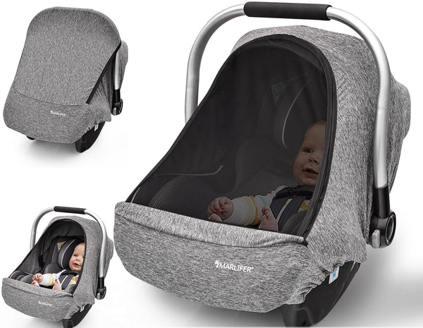 MARLIFER Baby Car Seat Cover, Large Mesh Window, Breathable Fabric, Infant Windproof Canopy,
