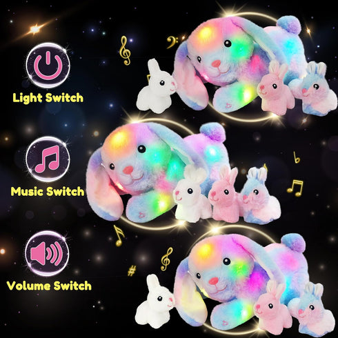 Playset Mommy 3 Tummy 12'' Hopearl LED Musical Stuffed Bunny Light up Singing Plush Toy Rabbit with Baby Bunnies in her