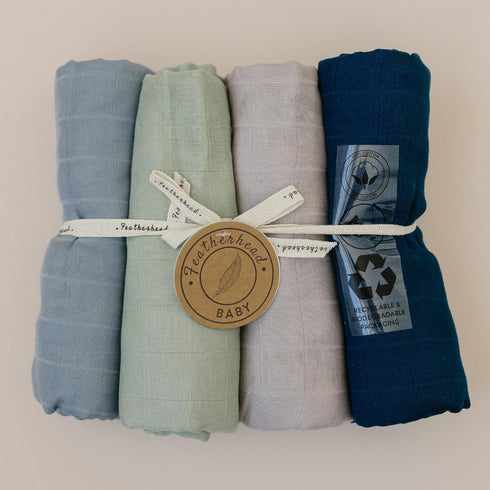 100% 47x 47 (4 Pack Featherhead Cotton Muslin Swaddle Blankets for Baby Girl - Large - Pre-Washed, Soft, & Breathable