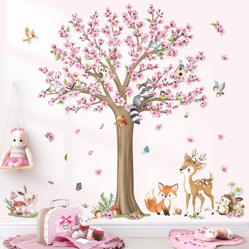 decalmile Woodland Animals Large Flower Tree Wall Decals Cherry Blossom Deer Fox Wall Stickers Baby Nursery Kids