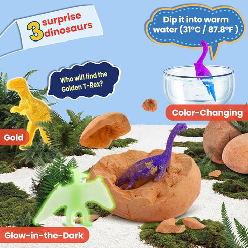 12 3-8 Zippytots Easter Dino Egg Dig Kit Unique Eggs with Glow in Dark Color Change Golden Dinosaur, STEM Science
