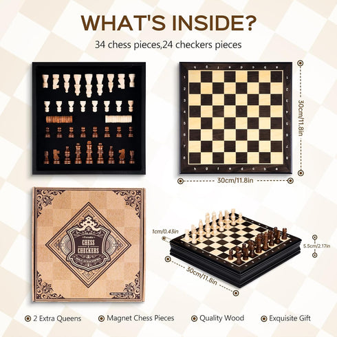 Set 12 Inch 2 1 2 Sets Peradix Magnetic Chess Classic in with Chess Pieces, Wood Board Box with Storage, Extra Queens