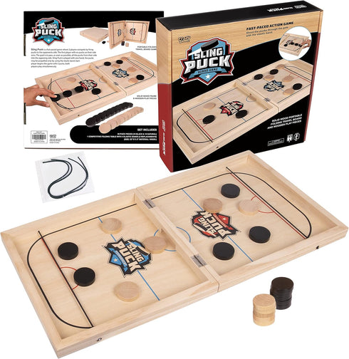 Fast Sling Puck Board Game | 24" Small Wooden Table Top Hockey Game for Adults & Kids, Ideal for Parties