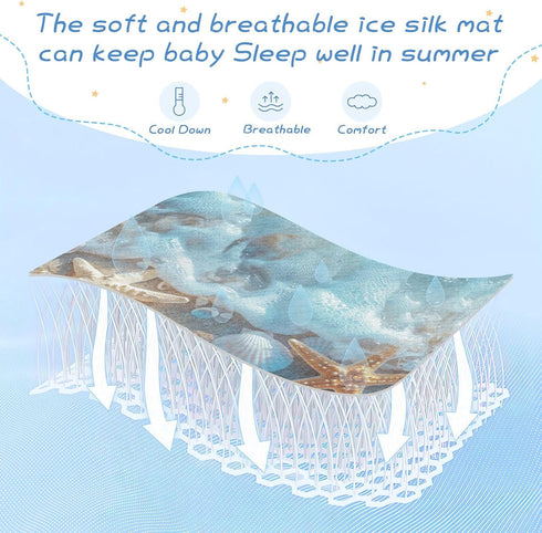 Burbuja 28x52 Baby Cooling Mat Seashells at Beach Bed Pad Ice Silk Cool Mat for Crib Mattress, Sleeping Pad