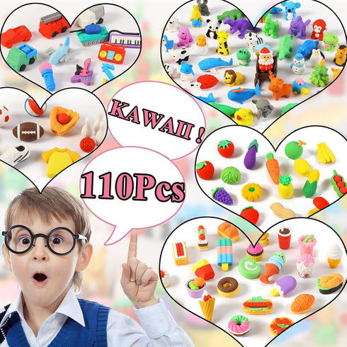 110Pcs Animal Erasers Kids Pencil Erasers Bulk - Mini Animal Food Toys, Classroom Rewards, Game Prizes