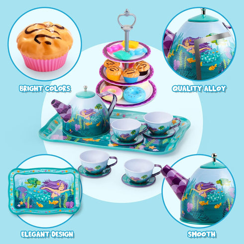 35Pcs Set Set, 3 4 5 6 JOYIN Mermaid Tea Party for Little Girls, Pretend Tin Teapot Princess Tea Time Play Kitchen Toy