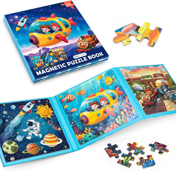 Jeacirio Space Ocean Train Magnetic Puzzles for Toddlers, Ages 3-5, 20-25-30 Pieces, Travel