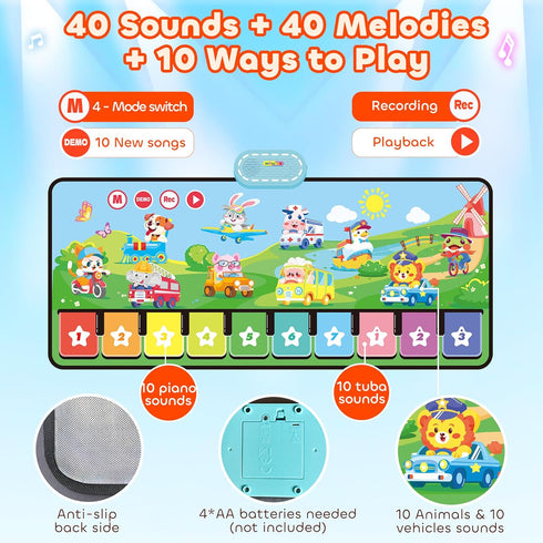 80 1-3, 1 2 3 4 5 MOMUSE Piano Music Mat with Sounds, Large Animal Car Touch Blanket Playmat Carpet Musical Toddlers
