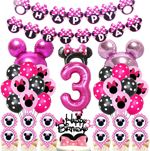 50pcs Pink Mouse Birthday Decorations, 3 Year Old Girl Party Supplies, Balloons, Cake Topper, Cupcake Topper