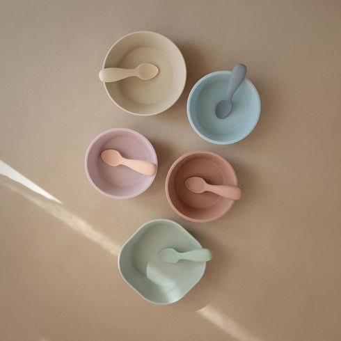 mushie Silicone Toddler Starter Spoons, 2 Pack, Cambridge Blue/Shifting Sand
