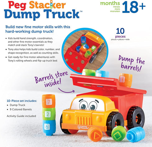Learning Resources Tony the Peg Stacker Dump Truck, 10 Pieces Fine Motor Skills Toy for Toddlers, Ages 18+ Months