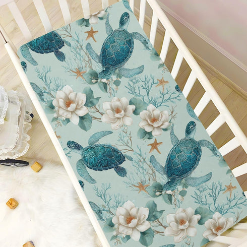 Pigsaly 27x39 Inch Crib Sheets Sea Turtles Flowers Baby Sheet for Standard Crib Mattress Boys Girls Toddler Bed Sheets