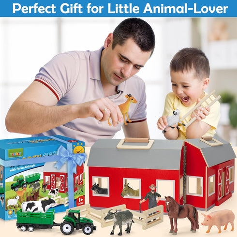 3+ Playset YEEBAY Farm Animals Toys for Year Old Kids Toddlers Girls Boys, Large Wooden Barn with Animal Play Figures