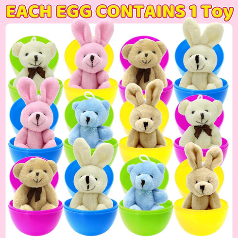 Giaueoa 12 Pack Prefilled Easter Eggs Filled with Plush Bunnies and Bears Perfect for Easter Basket Stuffers, Prefilled