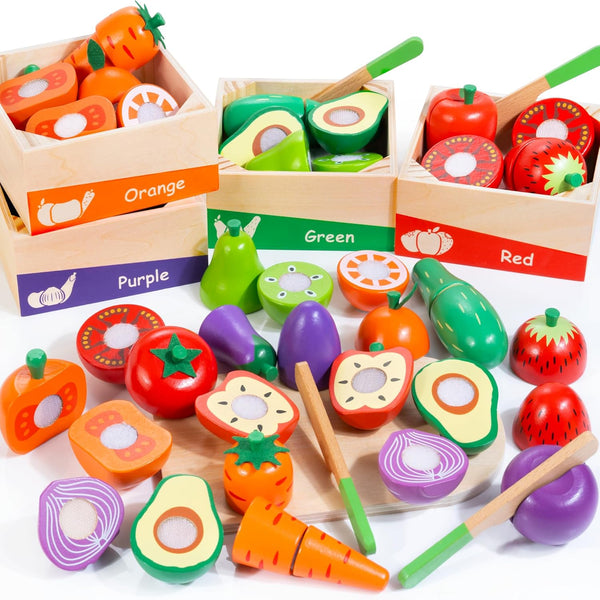 WOODMAM Wooden Play Food for Toddlers, Color Food Groups, Fruit & Veggies