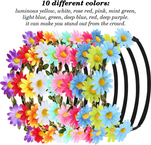 Bememo 20 Pieces Hippie Headband Glasses Costume Set, Includes 10 Pieces Multicolor Daisy Flower Crown and 10 Pieces