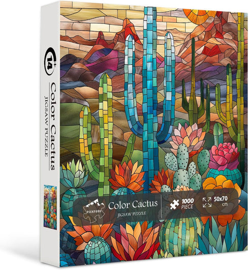 Cactus Puzzles for Adults, 1000 Pieces and up, PICKFORU Stained Glass Puzzle, Colorful Succulent Art